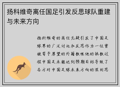 扬科维奇离任国足引发反思球队重建与未来方向