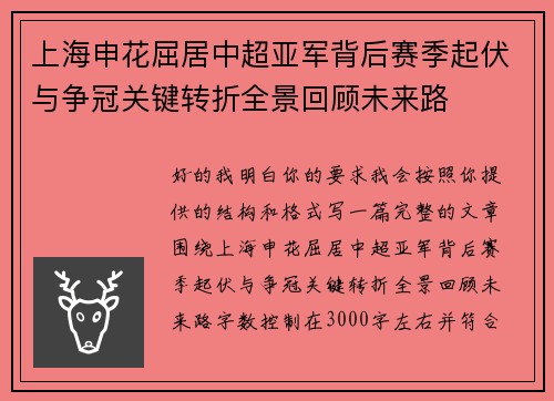 上海申花屈居中超亚军背后赛季起伏与争冠关键转折全景回顾未来路